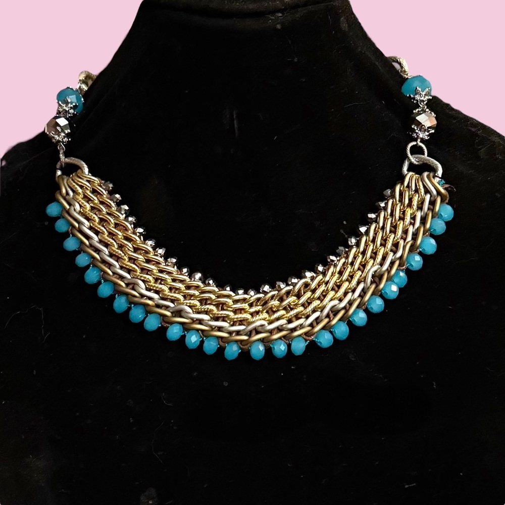 Makarlon multi woven chain with turquoise accents statement necklace